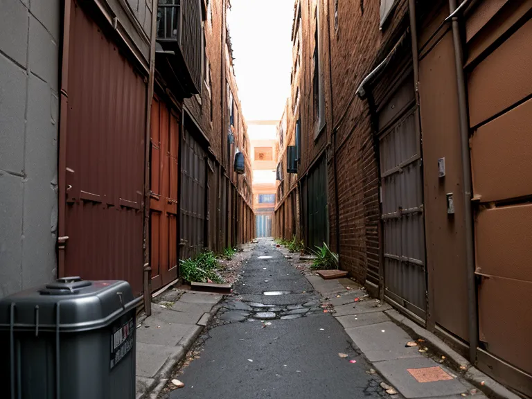 Callejón estrecho con contenedores de basura y obstáculos urbanos bajo luz nocturna
