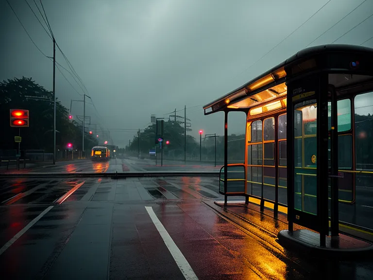Parada de autobús solitaria bajo la lluvia por la noche con luz tenue.