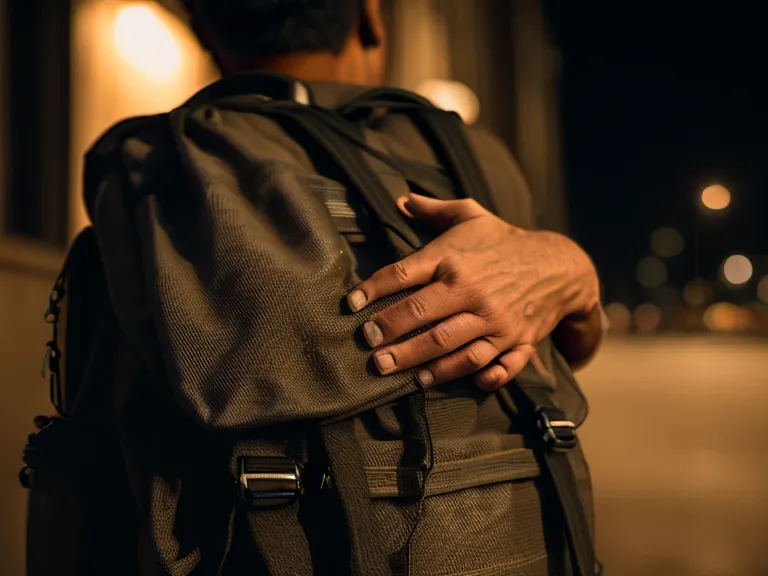 Primer plano de manos sujetando una mochila en un entorno urbano oscuro