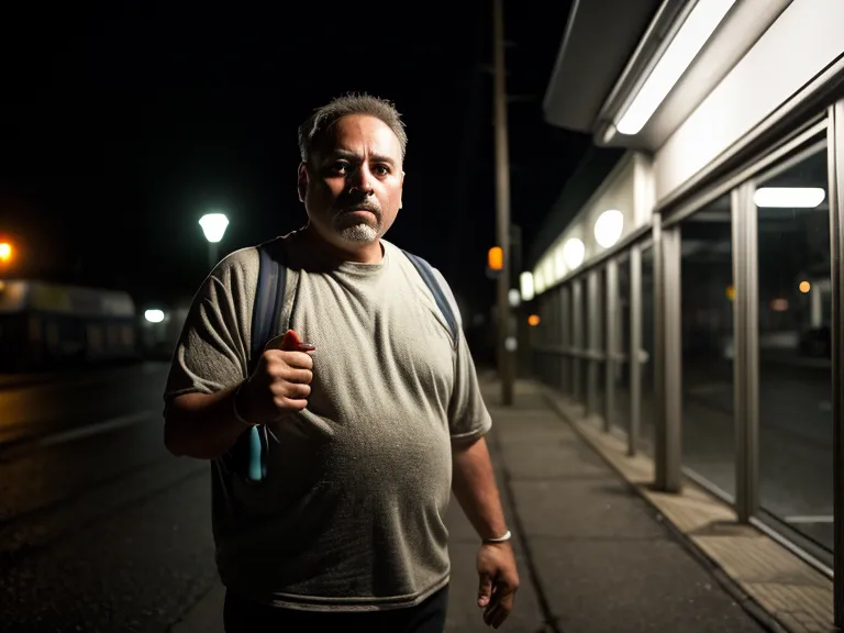 Defensa personal realista y seguridad urbana: zapatos de oficina sobre pavimento mojado y agrietado en una noche lluviosa