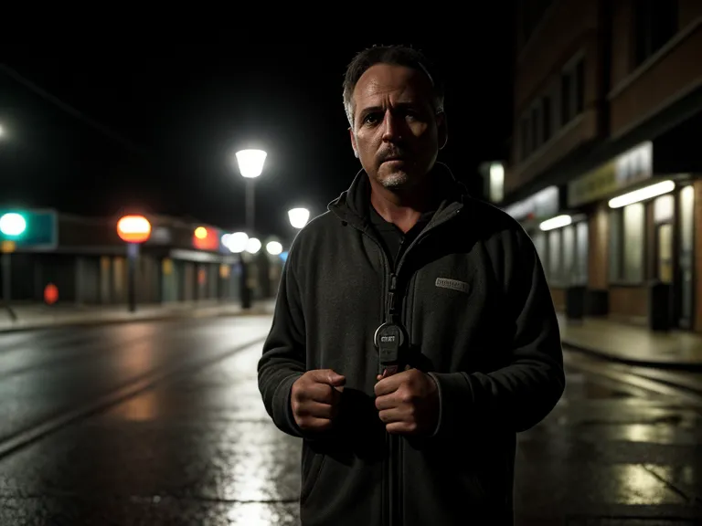 Herramientas de defensa personal en la vida real: mano sosteniendo un spray de defensa en un entorno urbano nocturno