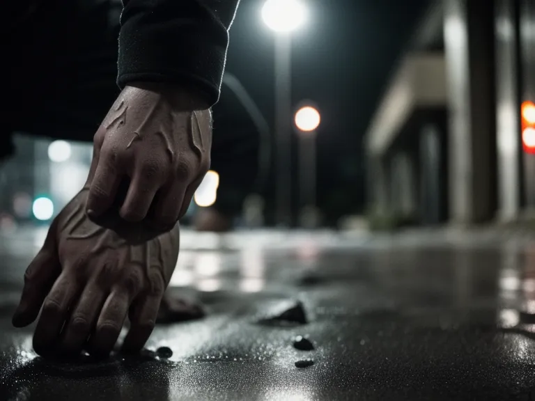 Manos en posición de defensa personal en un estacionamiento urbano nocturno