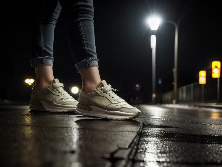 Tenis desgastados caminando de prisa sobre una banqueta agrietada por la noche