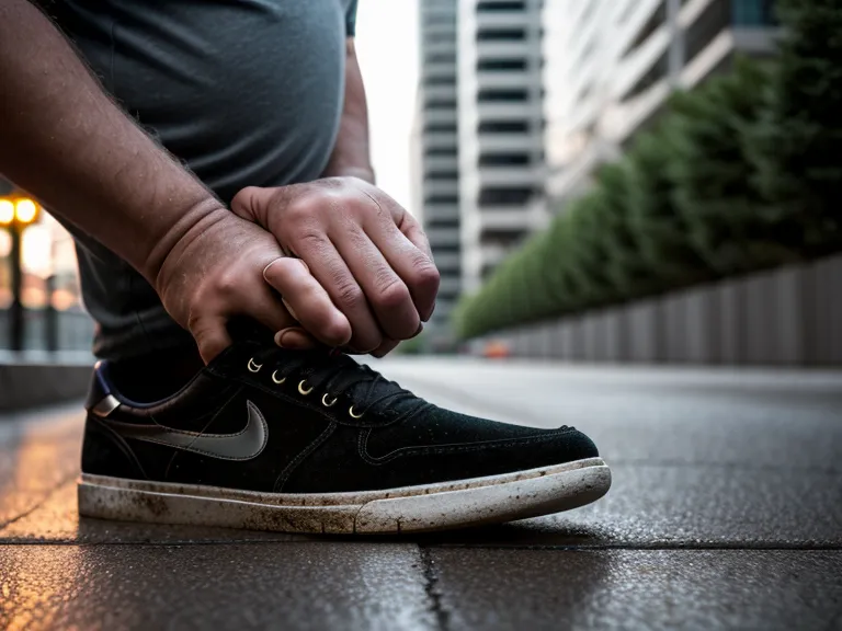 Zapatillas deportivas sobre cemento agrietado y grava en postura baja
