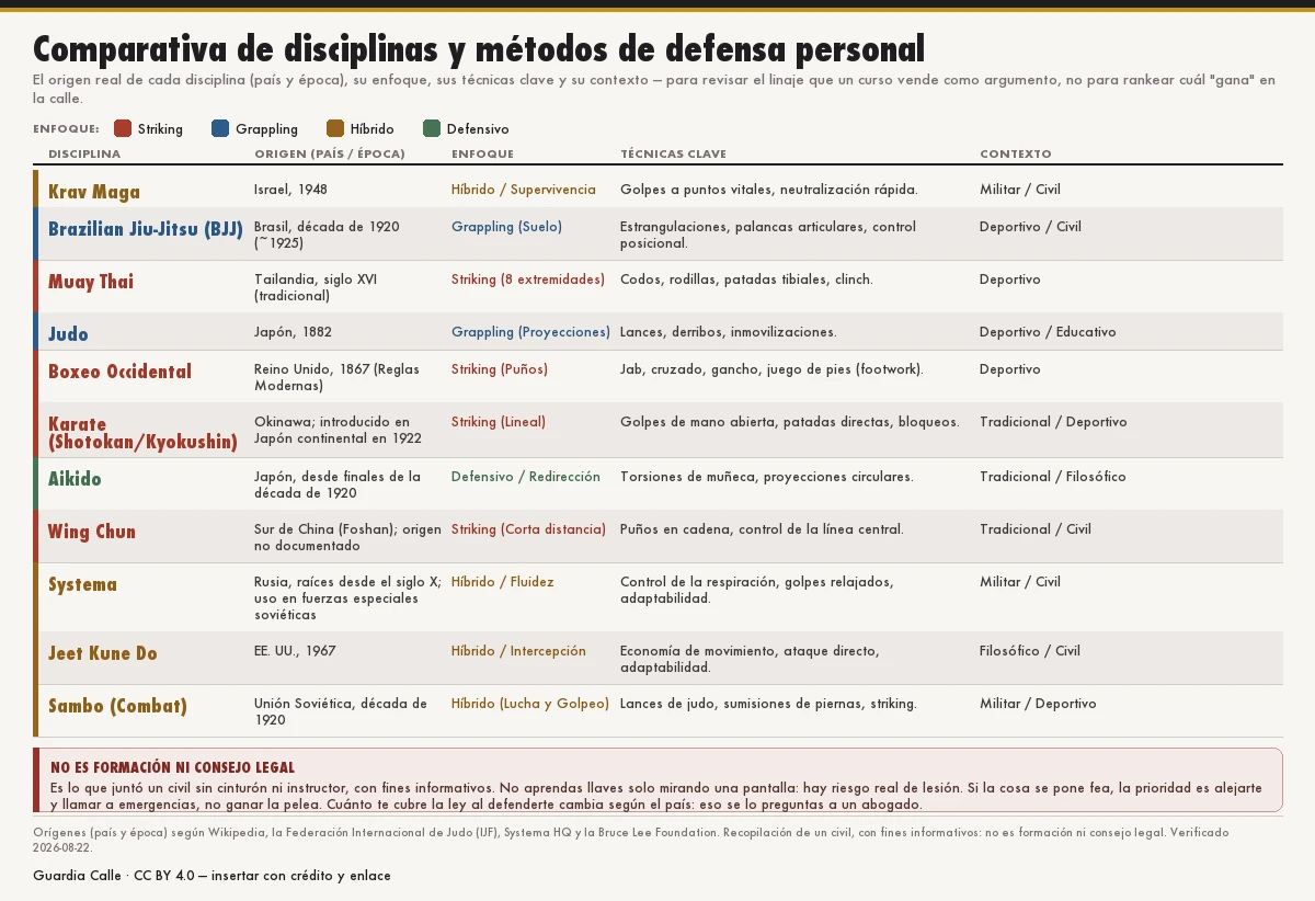 Tabla comparativa de once disciplinas de defensa personal y artes marciales con su país y época de origen, su enfoque (striking, grappling, híbrido o defensivo), sus técnicas clave y su contexto: Krav Maga (Israel, 1948), Brazilian Jiu-Jitsu (Brasil, ~1925), Muay Thai (Tailandia, siglo XVI), Judo (Japón, 1882), boxeo occidental (Reino Unido, 1867), karate (Okinawa, 1922), aikido, wing chun, systema, jeet kune do y sambo; es una comparación de origen y linaje, no un ranking de eficacia.